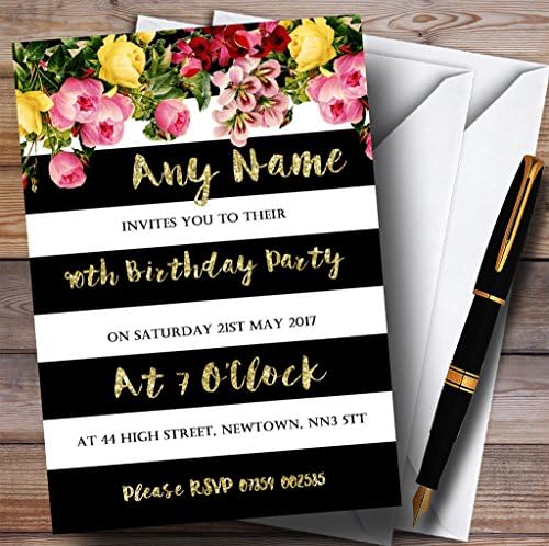 Pink Floral Black White Gold 90º convites de festa de aniversário personalizados