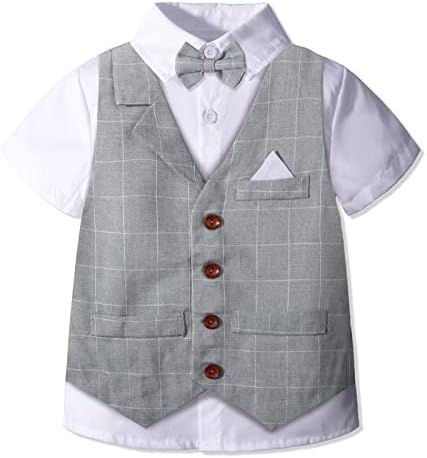 Yilaku menino terno de menino de menino roupas de menino roupas de vestido curto smoking com colete+camisa+calça+roupa de verão no verão de 2-7 anos