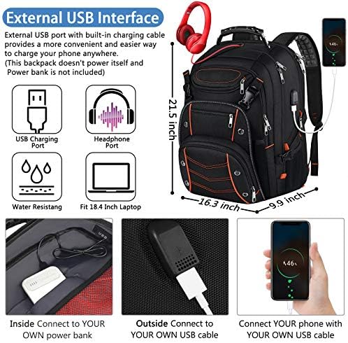 18.4 Mochila de laptop para unissex, laptops de jogos extras grandes 55L Backpack com porta USB Charger, voo amigável da TSA