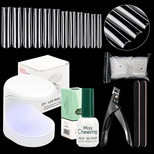 Dicas de unhas e kit de gel de cola, kit de unhas de gel de cola incluem gel de cola de pregos de 3 em 1, 504pcs xxl dicas de unhas de acrílico de acrílico falso extra quadrado extra longas, lâmpada de unha Clipper Gel Extension Kit para unhas de unhas Art