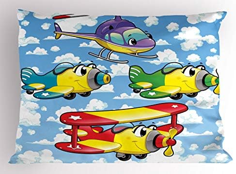 Ambesonne Cartoon Pillow Sham, aviões e helicópteros com rostos em estampa de céu nublado, pasta de tamanho padrão