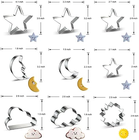Cutters de biscoito de estrela, lua, nuvem e sol Conjunto de 9 peças - Twinkle Star Little Star Celestial Night Sky Cookie Cutter