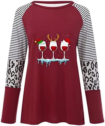 Camisa de vidro de vinho de Natal feminina Camisa de manga longa Túnica de túnica casual bloco colorido leopardo listrado