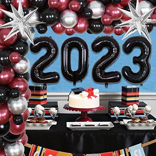 2023 Decorações de festa de formatura Maroon e prata Garland Garland Arch Kit Borgonha e preto com o número 2023 Ballooncone Balloons