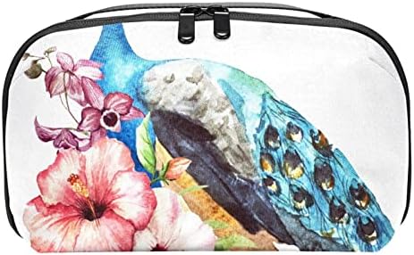 Organizador eletrônico, bolsa de maquiagem, organizador de viagens eletrônicas, organizador de cordas de viagem, organizador de tecnologia, padrão de pássaro animal de pavão de flores