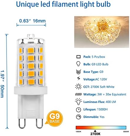 KGC 5 pacote g9 lâmpada LED Dimmable, lâmpadas de lustre de 3W, 2700k 400 lm branco macio, lâmpadas de LED de base