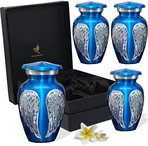 Blue Keetake Urns Angel Wings - Pequenas urnas para cinzas humanas Conjunto de 4 com caixa e bolsas - mini urnas artesanais