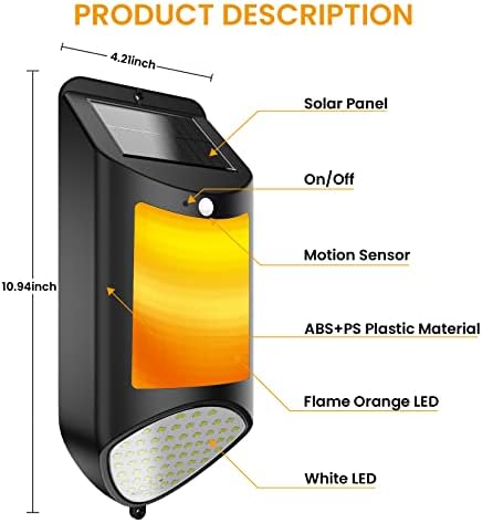 Ftoyin Solar Flame Lights Lâmpada de parede ao ar livre, sensor de movimento Sensor escuro interruptor automático impermeabilizado