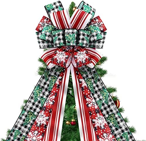 Topper de árvore de Natal, grande arco xadrez de búfalo para copistas de árvore de Natal Wrinalh Xmas Decoration Gift