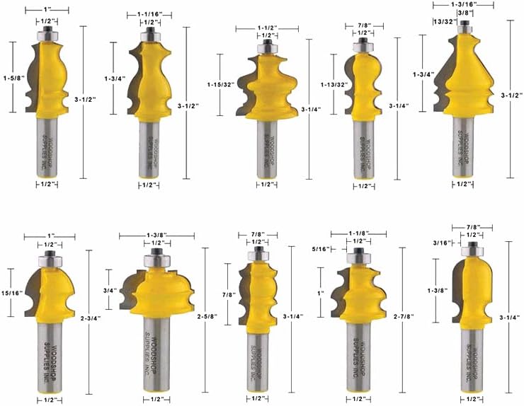 Bits de roteador jrenbox 10pcs 12mm 1/2 Shank Arquitetura Molding Router Bits Set Casing Base CNC Linha Cutters de madeira