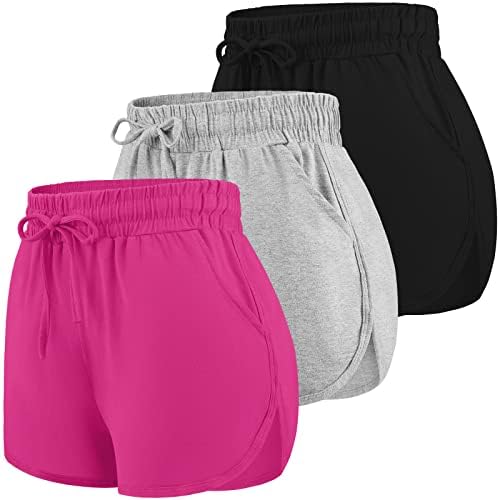 Uratot 3 Pacote mulheres esportes de shorts de algodão com algodão que executa shorts de treino de verão Athletic Pant com cordão e