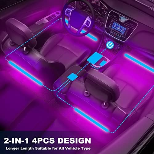 Luzes LEDs de carro Shylight Lights Interior Lights 2-in-1 Design 4pcs 48 Kits de iluminação remota e controladora de aplicativos LED, iluminação de carros de música colorida multiny à prova d'água com carregador de carro e CC 12V Cr2025 roxo