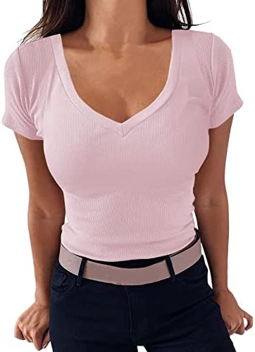 Tees gráficos fofos Mulheres v pescoço de pescoço equipado camiseta apertada camiseta curta de manga curta malha básica top
