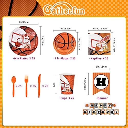 Greatfun Basketball Party Supplies Placas de papel guardanapos de copos Facas Forks Spoons com balões e banner para crianças e festa de aniversário para adultos março decorações de festas de loucura, serve 25
