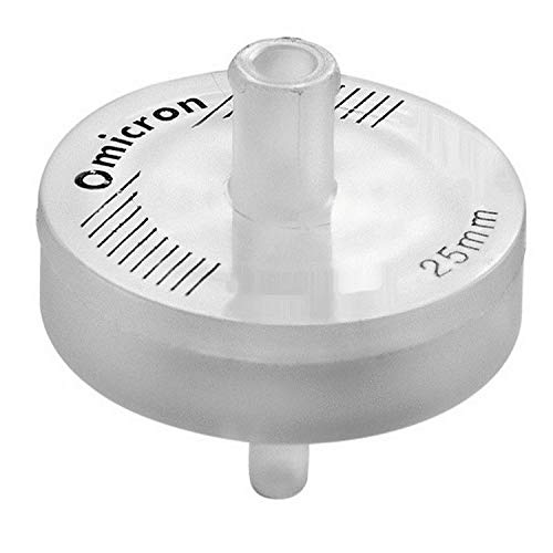 OMICRON SFGFPE25RB Filtro de seringa de dupla camada com fibra de vidro 2,0 µm, pré-filtro 25 mm, PEs 0,2 µm, não estéril