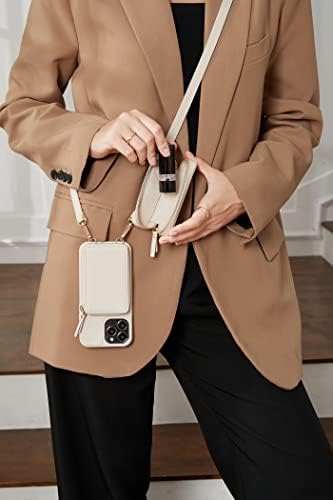 ZVE iPhone 13 Pro Max Wallet Crossbody, capa de telefone de couro com suporte para cartão de bloqueio RFID pequeno pulseira de batom de batom para mulheres, capa com zíper para iphone 13 pro max - bege bege