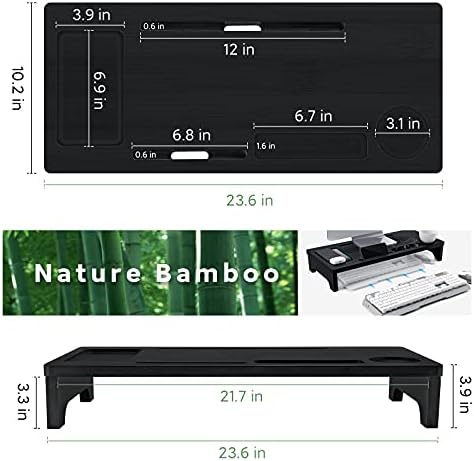 NNewvante Monitor Riser Riser Solid Bamboo Laptop Stand Anti-SLIP Organizador de desktop com suporte para telefone/xícara, preto