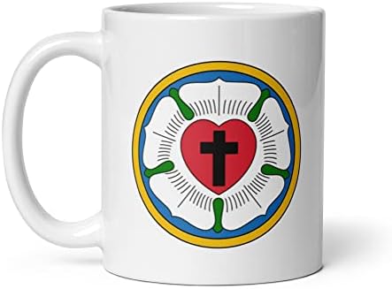 Luterano rosa símbolo religioso café e copo de caneca de chá