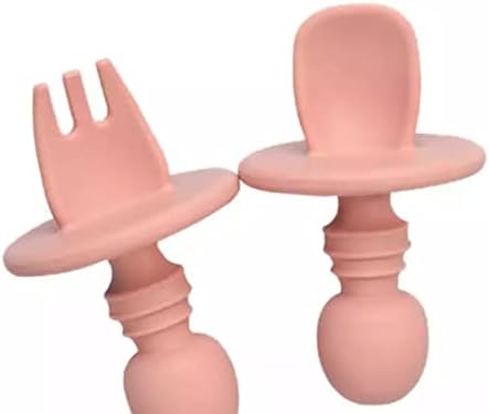 Baby First Auto -Aliming Spoon Fork, utensílios de treinamento de silicone infantil amigável com goma com barreira