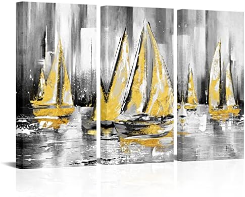 Lovehouse amarelo cinza Saibaat Wall Art Pintura abstrato barco Oceano Ocean Náutico Sea Reflexão Arte Arte emoldurada para quarto Decoração do escritório do escritório de escritório 16x32inchx3 Painel