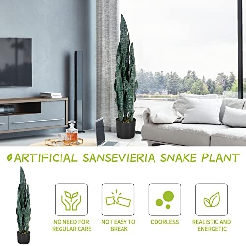 Planta de cobra artificial de 3 pés de 3ft 35 polegadas verdes falsas Sansevieria, mini planta com plantador de plástico