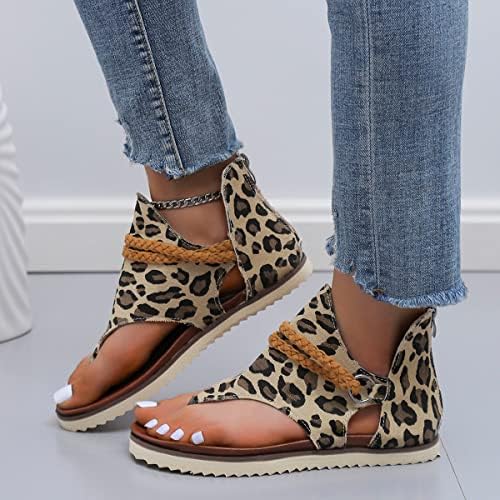 Sandálias de verão para mulheres apartamentos confortáveis ​​tranças romanas costas zíper casual padrão de leopardo colorida