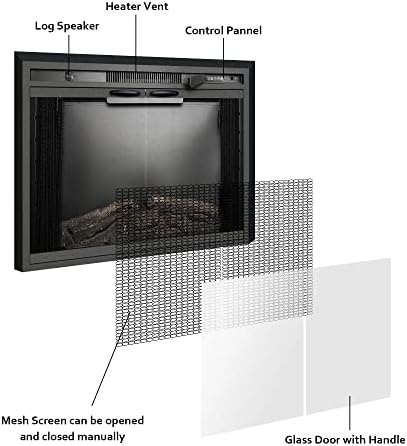 Benrocks Inserções de lareira elétrica de 33 ”com porta de vidro e tela de malha, chamas multicoloridas e crepitação de fogo, timer, aquecedor de lareira de proteção de superaquecimento, 750/1500W