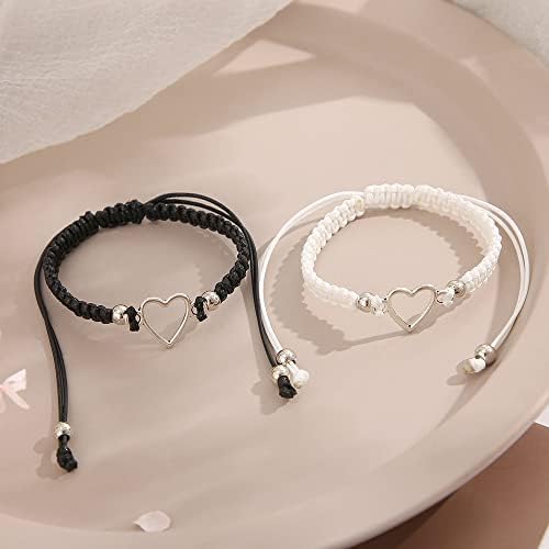 2pcs em forma de coração pulseiras de casal amam coragem branca corda preta casal pulseira de coração em forma de coração trança artesanal