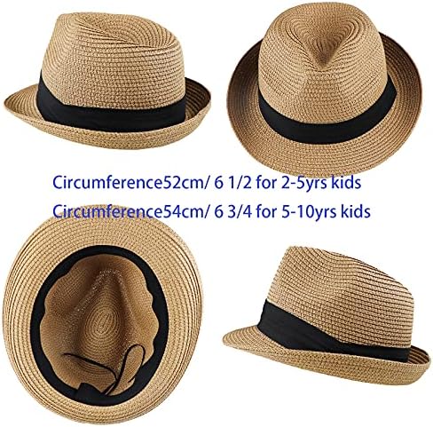 Crianças de palha lidadinha Fedora Hat Sun Summer Summer Brim Brim Beach Hat para Babyboys Girls