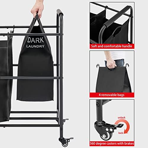Carrinho de classificação de lavanderia Tajsoon 4 Bag, cesta de classificação de cesto de roupa com rodas rolantes de travamento pesado para armazenamento de roupas, preto