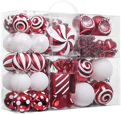 Valery Madelyn Red White Christmas Decorações Pacote | Ornamentos de Natal de 108ct + Velulador de Natal de 30 polegadas