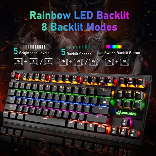 Teclado de jogo e combinação de mouse com mous pad, interruptor azul 87 teclas USB Wired Rainbow iluminada teclado mecânico
