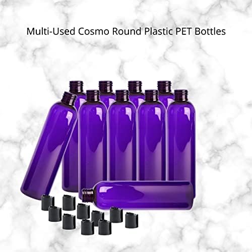 Kelkaa 8oz Cosmo redondo garrafas de plástico de estimação roxa com tampas de tampa de disco preto para shampoo,