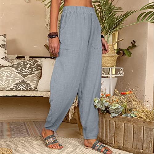 Calças de linho de algodão casual de verão para mulheres calças de perna lisada solta calças longas com calças compridas