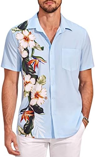 Coofandy Men's Beach camisas de manga curta Hawaiian camisa de botão impressa de botão com bolso