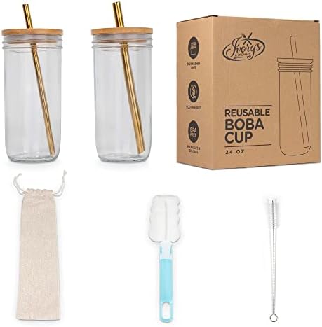 Xícaras de vidro de felicidade de marfim - 2 frascos de embalagem 24oz com tampas de bambu e canudos - jarro premium