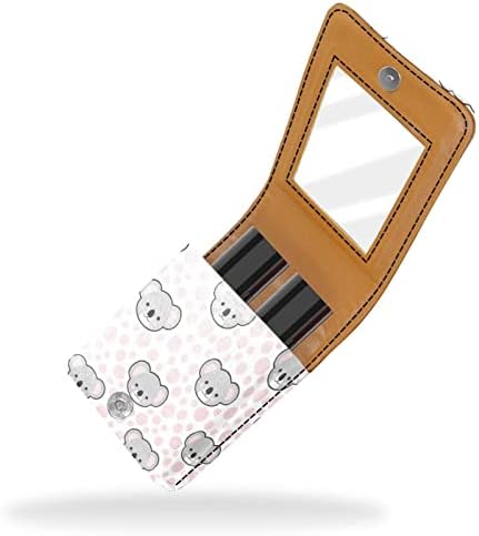 Caixa de batom de batom de viagem Guerotkr, saco de maquiagem portátil de batom com espelho, padrão de bolinha rosa de urso sem costura