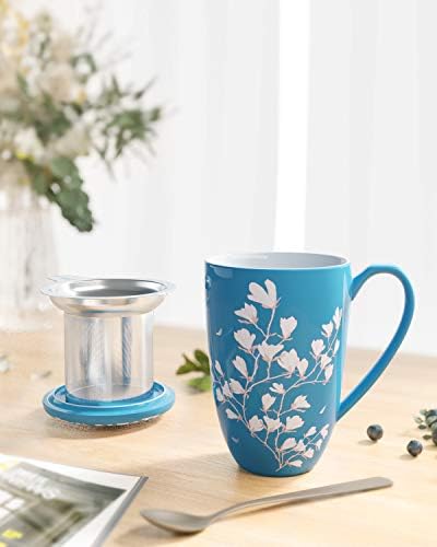 Copo de chá imaculife com infusor e tampa - caneca de chá com tampa para um pouco de chá de chá de folhas de folhas soltas, mulheres, garotos, presente em casa, de 16 onças de flor da marinha