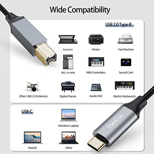 DTEEDCK USB B para USB C CABO 3 pés, USB Tipo C para USB B Cabo USB-B para USB-C Cabo de alta velocidade trançado para MacBook Pro Air Midi Teclado do controlador