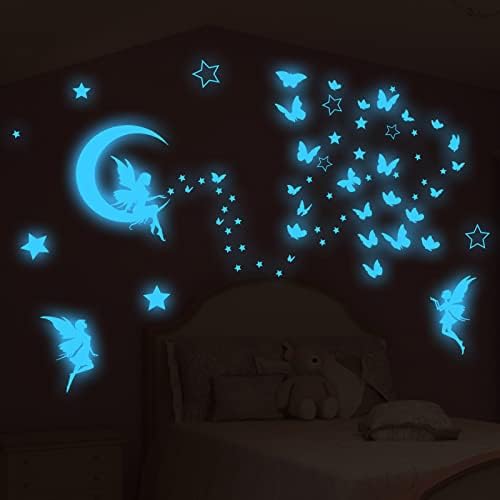 Fantasy Fairy Wall Decalter Glow In The Dark, menina quarto lua de borboleta decoração luminosa, descasque e decoração