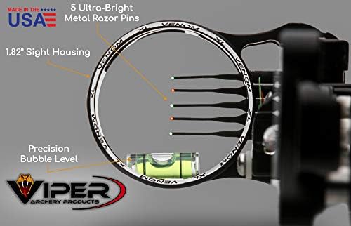 Viper Archery Venom Pro Xl Dovetail Compound Bow Sight, fabricado nos EUA, alumínio usinado durável, 5 pinos de fibra óptica ultra-brisa,