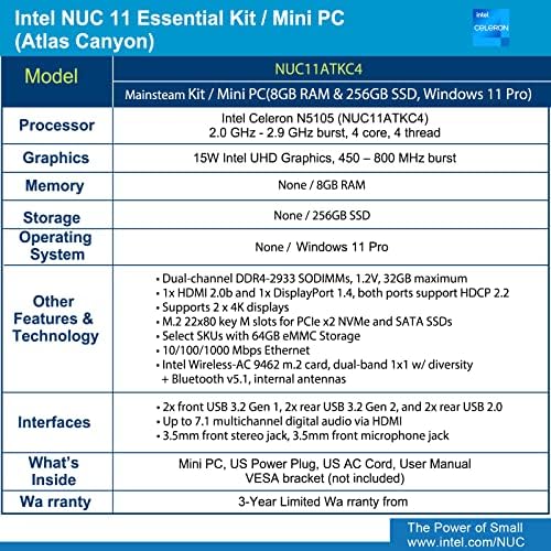 Intel nuc 11 nuc11atkc4 Atlas Canyon Mini PC, Intel Celeron N5105, 2,0 GHz - 2,9 GHz Burst, 4 núcleo, 4 Thread, gráficos de 15w Intel UHD, 450 - 800 MHz Burst, 0 GB de RAM, 0 GB de SSD, BareBone