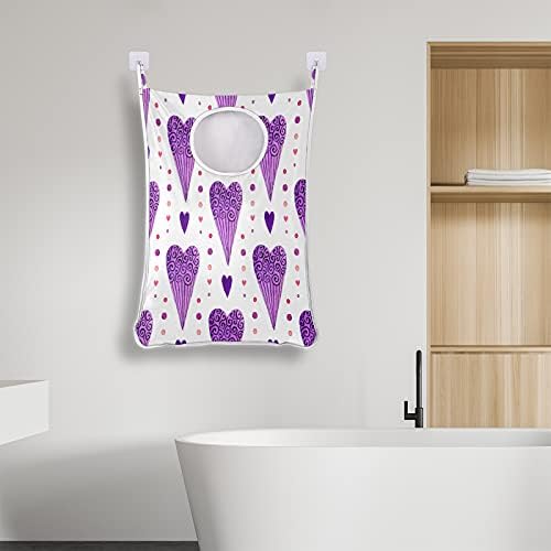 Purple Love Heart Holding Laundry Horting Bag, sobre a porta da lavanderia Saco de bolsa de armazenamento durável durável pendurado em cesta de roupas sujas com zíperes de fundo para dormitório de quarto do banheiro