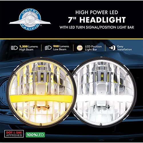 United Pacific 31458 Ultralit High Power LED de farol redondo de 7 polegadas com sinal de giro e barra de luz de posição âmbar, design de estado sólido, DOT/SAE - 1 unidade