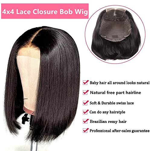 HLSK Bob Wig Human Human para mulheres negras, fechamento de renda 4x4 Wigs Bob Short, 180% de densidade Brailian Virgin Lace Hair com pré -arrancada, 10A Fechamento de parte grátis Wig reto com cabelos de bebê, preto natural natural