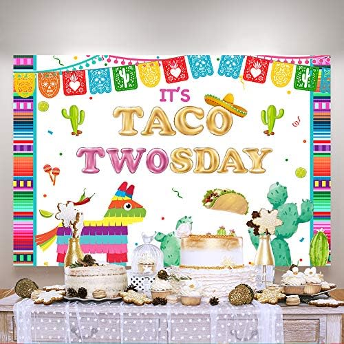 5 × 3ft Fiesta taco Twosday Birthday Birthday Caso -cenário mexicano listras coloridas Liama ​​Cactus Cinco de Mayo México