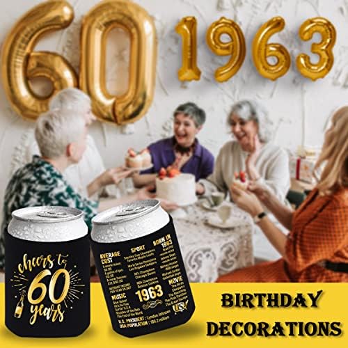 Henghere Feliz 60º aniversário Decorações para homens Mulheres, 60º aniversário de festas de aniversário, Vintage- Sixty Birthday Party Beverage Mangas mais frias, 12 pacote, preto e ouro