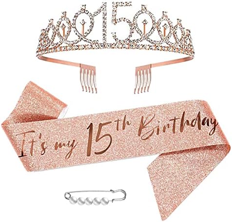 Ceqiny 15th Aniversário Sash Tiara and Crowns for Girls, Rainha de aniversário Tiara de ouro rosa, Princesa Tiara Rhinestone Bandas