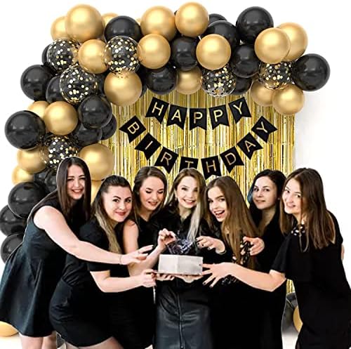 Decorações de aniversário de balão preto e dourado ， Decorações de festas pretas e douradas com 1pcs Gold Tinsel Curtains
