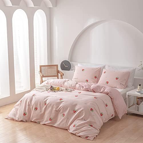 Dreamingo Kawaii Strawberry Bedding Queen Pink Bedding Conjunto algodão Girls Strawberry Conjuntos de edredo